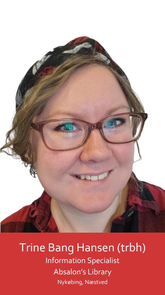 The image shows a young woman wearing glasses and a fabric headband. She has an oval face with light skin, thin lips, and arched eyebrows. Her eyes are wide open, and her gaze is directed slightly to the left of the camera. She is smiling broadly. Her hair is pulled back into a low bun at the nape of her neck, with a few loose strands framing her face. The headband is black with white and red details scattered across it. She is wearing a red and black checkered shirt that matches the headband, with her shou